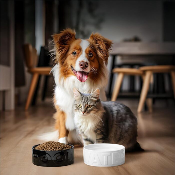 Набір мисок для собак Navaris (2 шт) з кераміки, чорно-білі, 700 мл, підходить для миття в посудомийній машині та використання в мікрохвильовці