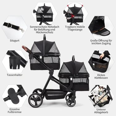 Складаний двоярусний візок для собак та котів до 22 кг, з сітчастими віконцями, тримачем для напоїв та місцем для зберігання. Ідеально для двох маленьких собак або котів. Легкий та зручний двошаровий візок.