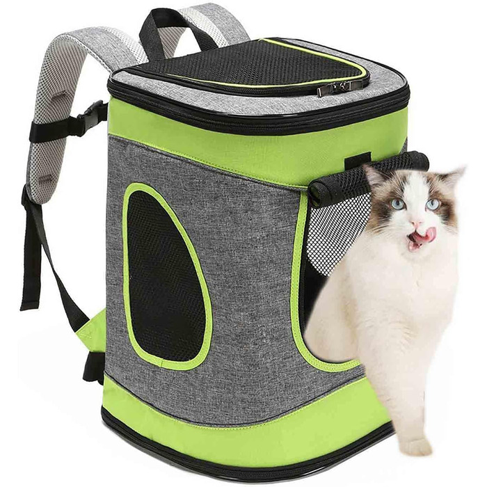 Складана переносна переносна коробка для собак та котів. Транспортна сумка для авто та авіаперельотів. Рюкзак для тварин, сірий та техно-зелений.