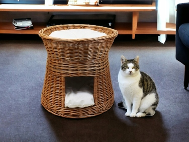 Плетений будинок-ліжечко з лози з подушками кольору екру