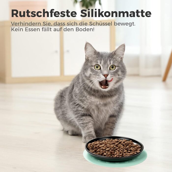 Керамічні годівниці для котів, 3 шт. з антиковзними килимками, широкі та плоскі миски для котів та кошенят, білий (чорний)
