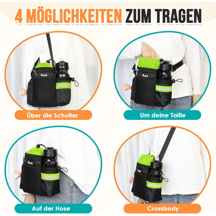 Сумка для ласощів для собак з дозатором пакетів для відходів та тримачем для пляшки, три способи носіння, зелена