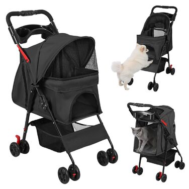 Складаний візок для тварин та дітей з колесами на 360°, кошиком для зберігання, міцним металевим каркасом та дихаючими сітковими віконцями – портативний переносник для котів та собак до 22 кг, чорний