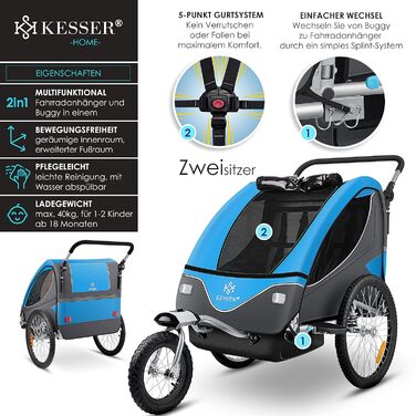 Дитячий причіп KESSER® 2в1 для велосипеда з поворотним з'єднанням 360° та амортизацією. Підходить для 1-2 дітей (до 40 кг). В комплекті прапор.