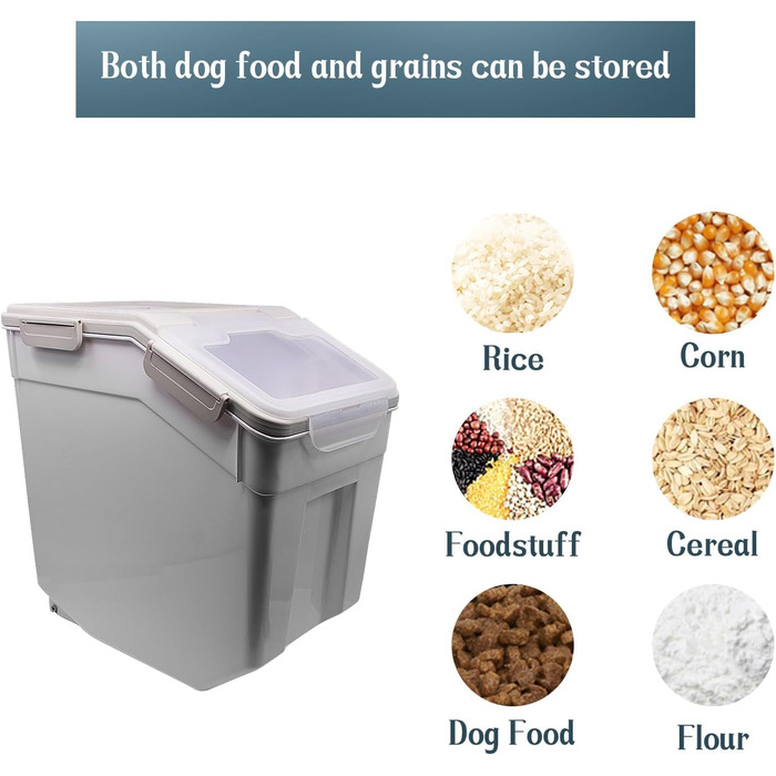 Контейнер для зберігання корму для собак AnRui, 13.6 кг, сірий, з герметичним кришкою, для корму котів, мюслі, зерна, борошна
