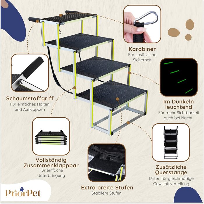Сходинки для собак у машину – складні, широкі, для великих собак, 4 сходинки, до 105 кг, світяться в темряві, захист суглобів