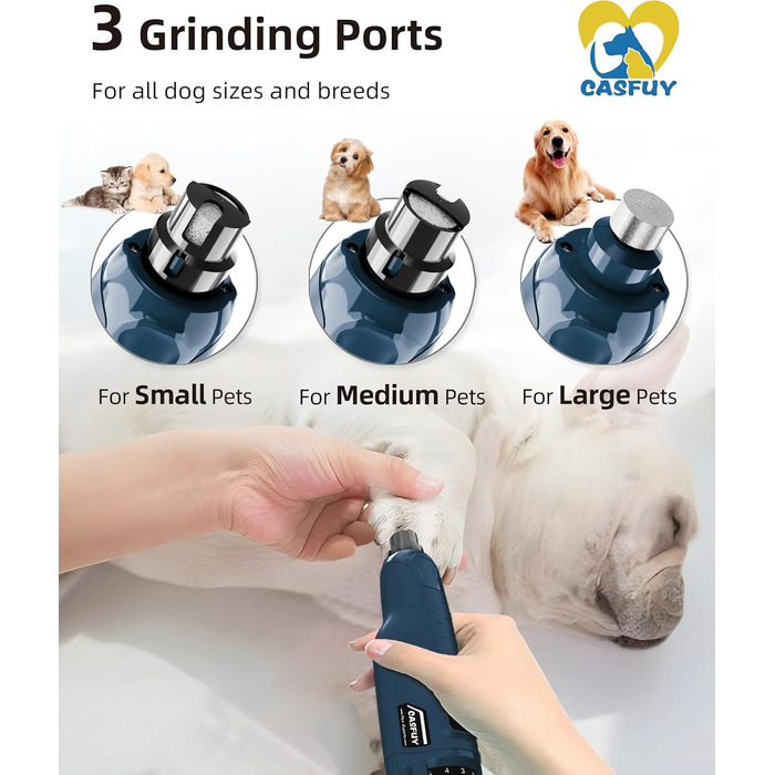 Електричний точилка для кігтів собак та котів Casfuy - 6 режимів, 45 dB, з LED-підсвічуванням, для великих, середніх та маленьких тварин, з захистом від пилу, блакитний