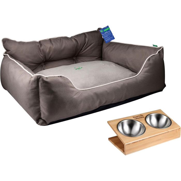 Ліжко для собак Benetton Haustierbett | Коричневе, 65 x 50 x 20 см | Ергономічне ліжко для середніх собак | Знімний чохол, миска з нержавіючої сталі та бамбукова підставка