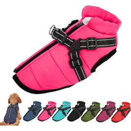 Водонепроникна зимова куртка для собак, велика (XXL), рожева, з інтегрованим повідком