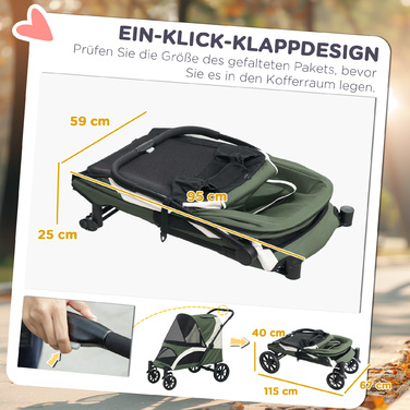 PawHut Dog Buggy Dog Buggy Foldable для великих собак і кішок до 30 кг Cat Buggy з подушками Сітчасті вікна Двері Сумка для зберігання Cat Buggy з страхувальними тросами, гальмами, баггі темно-зелений | Аосом