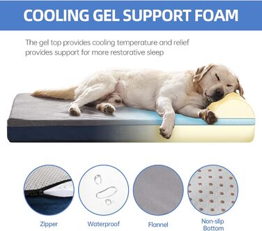 Ортопедичне ліжко для собак, велике з подушкою, товстий гель-піна Memory Foam, фланель, зносостійке, водонепроникне покриття, знімний, пральний чохол, антиковзаюча основа, розмір 132 x 91 x 20 см, блакитне