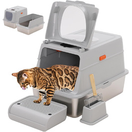 Набір для котячого туалету Yosamy Katzentoilette Edelstahl XXL, 60x40 см, з лотком, педалем та совком, легко миється, сірий