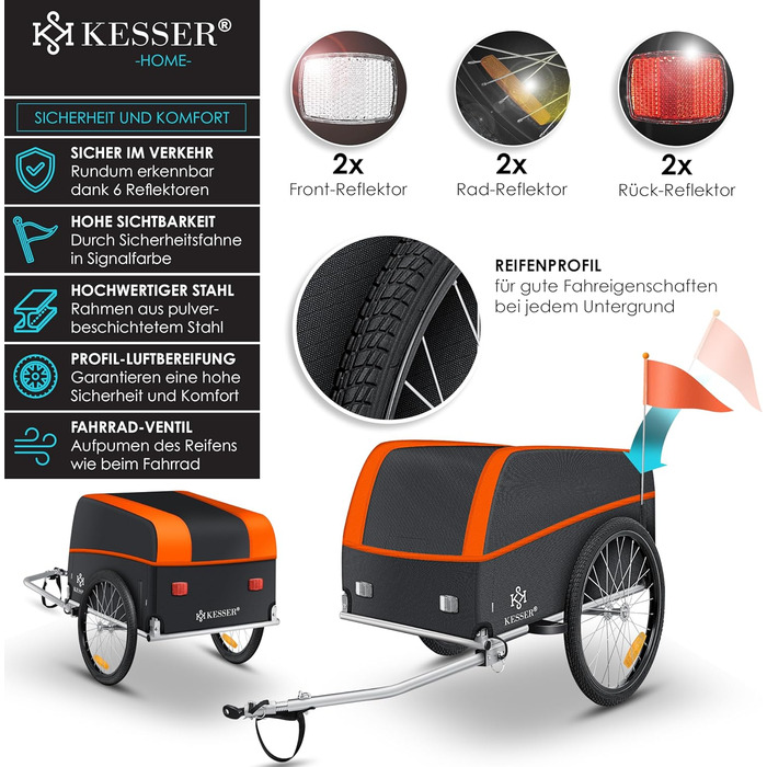 KESSER® Причіп для велосипеда вантажний, 120 літрів, оранжевий/антрацитовий, з дахом та функцією складання