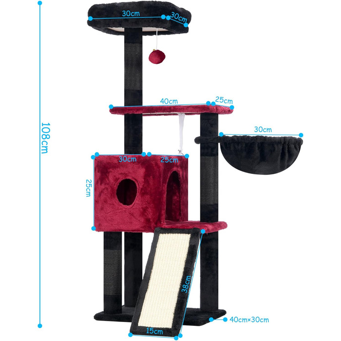 Котячий будиночок Hey-brother Kratzbaum 108 см: багатоповерховий котячий будиночок з подряпувальними стовпами, кошиком, просторим будиночком та іграшкою-помпоном, червоно-чорний MPJ007SBR