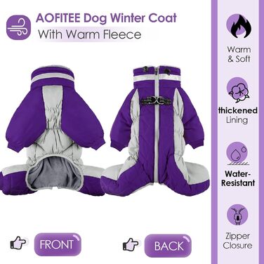 Теплий зимовий одяг для собак AOFITEE: вітрозахисний флісовий костюм з інтегрованим шлейкою, світловідбиваючим коміром, для чотирилапих, малих порід, фіолетовий
