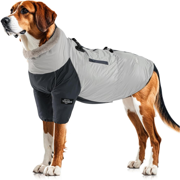 Тепла зимова куртка для собак великих порід XXL, водонепроникна, з капюшоном, кишені, блискавка, шнурок, D-Ring, кашмір