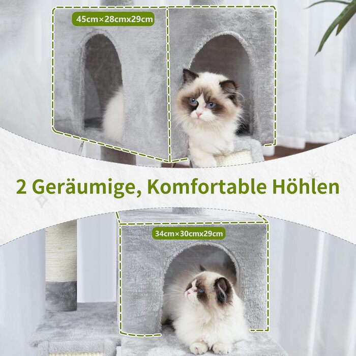 Комплекс для котів Kratzbaum 180 см: Дряпка-стовпчик з платформами, будиночками та іграшками, колір світло-сірий