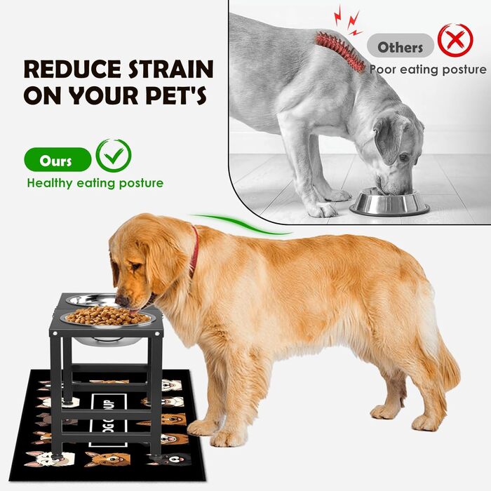Підвищені годівниці для собак великих та екстра-великих порід, підставка для мисок з нержавіючої сталі (2,863 г) та не проливаючим килимком, годівниця висотою 43,2 см для великих порід, висота: 43 см (чорний)