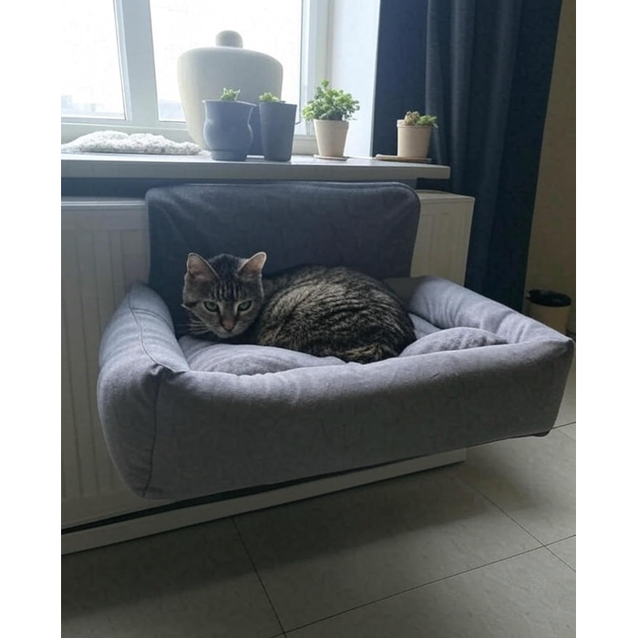 Килимок для котів на радіатор PataGrande, сірий, з м'яким подушками, машинного прання