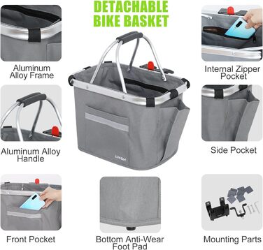 Кошик для велосипеда Lixada, передній, знімний, алюмінієвий, сірий