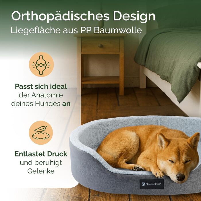 Ортопедичне ліжко для собак Pfotenglanz: зручне та м'яке ліжко-корзина для собак середніх порід. Розмір 85x65 см, з вологостійким покриттям, ковзаючою основою та м'якою матрацом з холодним пінополіуретаном. Сірий колір.