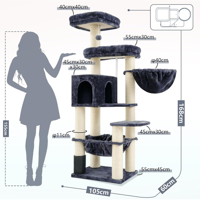 Кігтеточка XXL для мейн-куна, 168 см, з гамаком, сизаловим стовпом (φ11 см), коморою, корзиною, 2 платформами, EMPJ01M (димно-сірий)