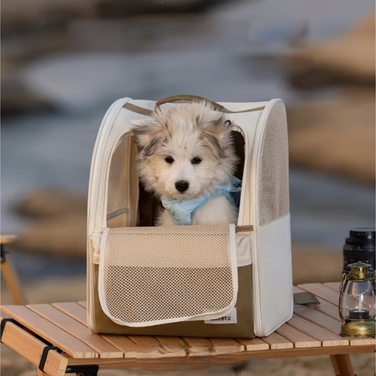 Складаний переноска-рюкзак для котів та собак, бежевий, великий, з сітчастими кишенями