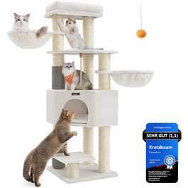 Драбина для котів Feandrea з підігріваючими ковдрами, для великих котів, кігтеточка, 2 щітки, товщина стовпів 11,1 см, великі платформи, будиночок, 50 x 50 x 160 см, пісочно-бежевий PCT003Y01