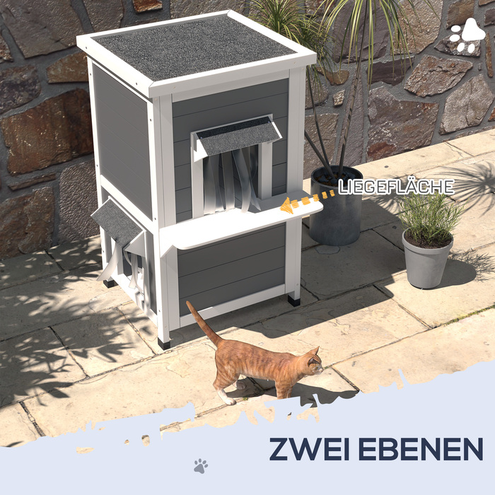 PawHut Cat House Дерев'яний 2-х ярусний стійкий до погодних умов будиночок для кішок з дахом, сірий і білий, 60x60x81.5см | Аосом