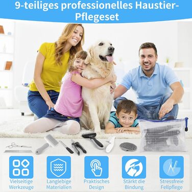 Набір для догляду за шерстю собак та котів (9 шт.) - щітка для самостійного очищення, гребінець для видалення ковтунів, триммер для кігтів з напилком, гребінець від бліх, рукавичка для миття - професійний набір для короткої та довгої шерсті (сірий)