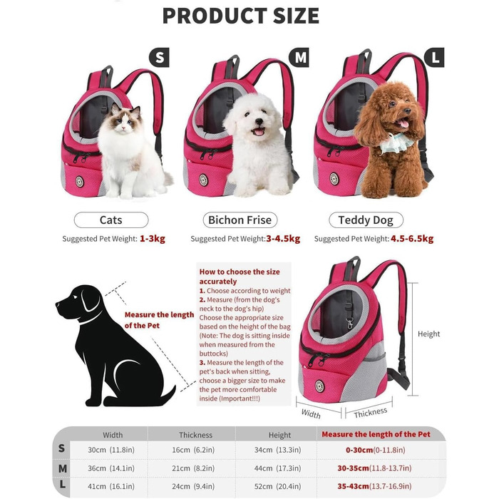 Рюкзак-переноска для собак та котів PETCUTE, рожевий/червоний, з регульованим ременем, водонепроникним дном та зручною передньою кишенею