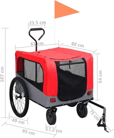 Tidyard 2-в-1: Причеп для велосипеда та візок для бігу з швидкознімними колесами. Причеп для собак, червоно-сірий, 14,05 кг