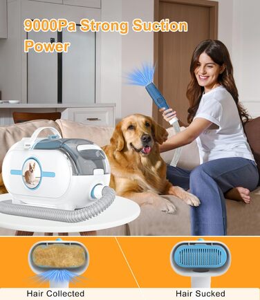 WHDPETS Машинка для стрижки собак зі збором шерсті, 2L контейнер для сміття, 45 dB, потужне всмоктування 9000 Pa, видаляє 99.99% шерсті, 4-в-1 для собак та котів