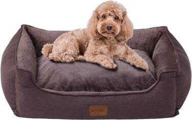 Ортопедичне ліжко для собак маленьких та середніх порід, 52x41x16 см, м'яке та зручне, кошик для собак з високим бортиком, знімний та пральний чохол, неслизьке, для дому та авто (темно-коричневий, S)