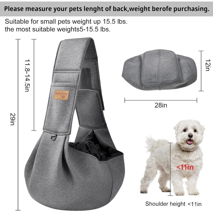 Сумка-переноска для собак Vrbabies, для маленьких собак та інших домашніх тварин до 5 кг, регульована, сітка, липучка, пряжки