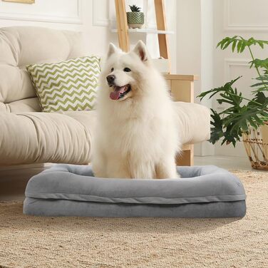 Велике ліжко для собак, вологостійке, ортопедичне диван для домашніх тварин знімний, пральний чохол, неслизьке дно, ліжко для котів з піною з пам'яті для зменшення тривоги, преміум-фланелевий дизайн (91x68x16 см, сірий)