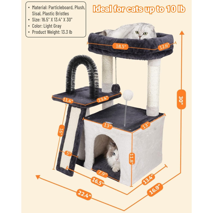Дерев'яний будиночок для котів Happi N Pets з сизалевим канатом, великою печерею та інтегрованим туалетом, сірий, 76 см