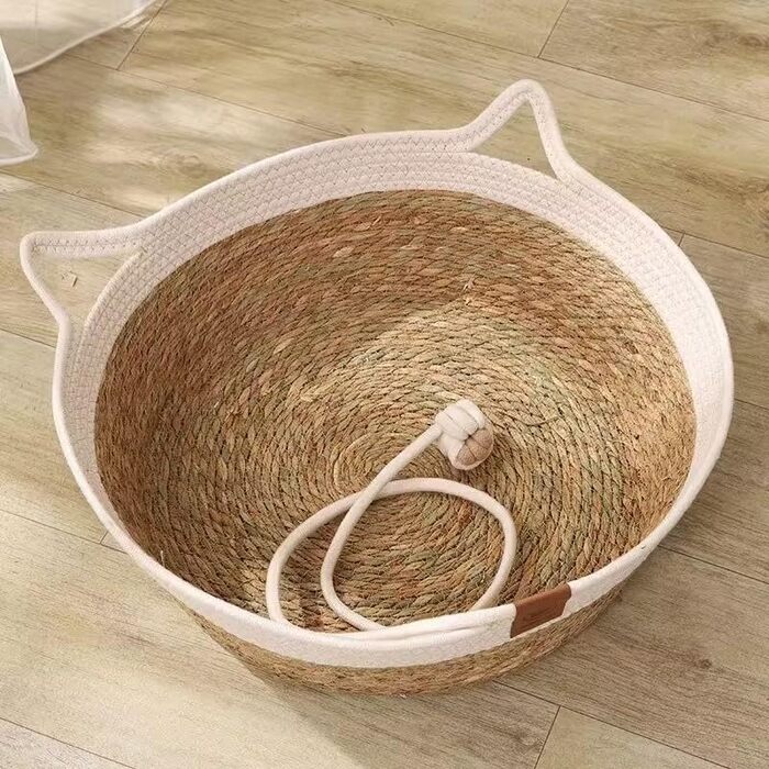 Лежанка для котів мийна, кошик з бавовняного мотузу, кругла, з подушкою. Ліжко для котів та собак, для всіх сезонів 40x40x15 см