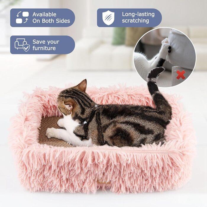 Котячий когтеточка з картону з коробкою, міцна велика ліжко для котів, м'яка когтеточка з гофрокартону, знімна, двостороння, захист меблів (44×34×14см), рожевий колір