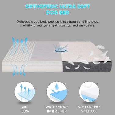 Ортопедичне ліжко для собак середніх порід, вологостійке, з ультрам'якою піною, знімний, пральний чохол та антиковзаюча підкладка, білий та сірий, розмір Medium (31.4'L x 23.6'W x 3.1'Th)