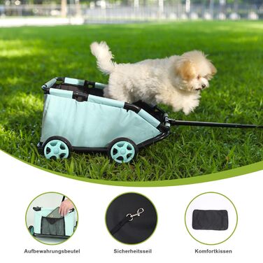 Складаний візок для маленьких тварин: візок-шопер з кишенькою, зручний ручка-телескопічний тягач, м'яке ліжко та страхувальний ремінь (Темно-зелений, Блакитно-зелений)
