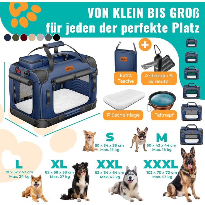 Транспортна переноска для собак та котів XXL Navyblue | Переноска для тварин 92x64x64cm з мискою та плечовим ременем