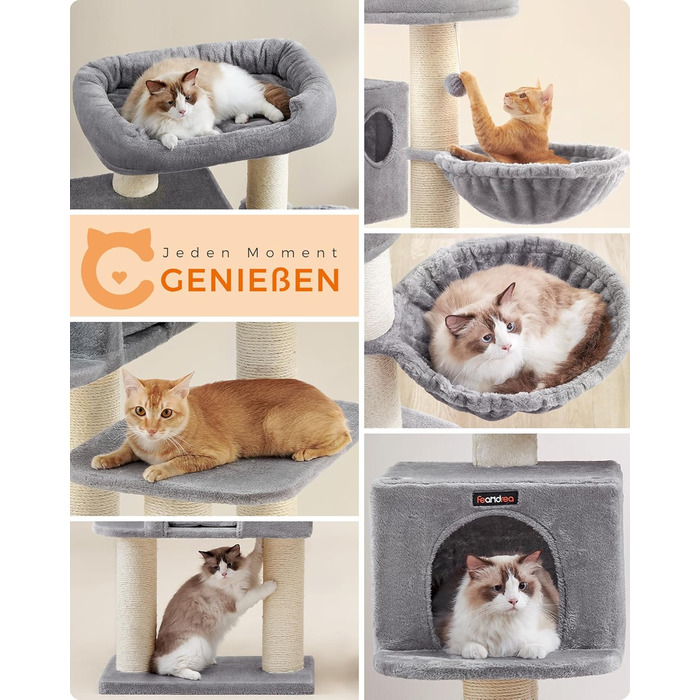 Драбина для котів Feandrea XXL: міцна, з 6 товстими стовпчиками, платформа, будиночок, кошик, сіра