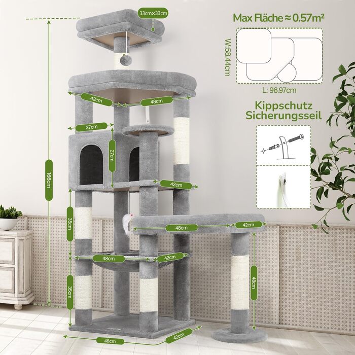 Комплекс для котів Globlazer Kratzbaum 165 см, великий, сірий: будиночок, платформа, лежак, стовпчики для дряпання