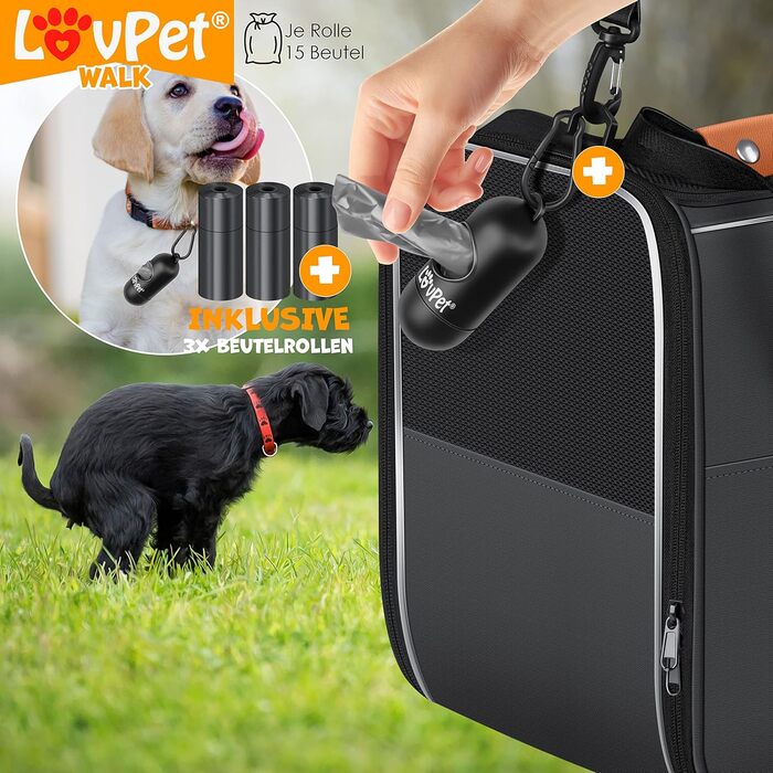LOVPET® Сумка-переноска для собак і котів 2-в-1, транспортна коробка з подушкою, 3 рулони пакетів і миска, 44×31×36 см, сумка для перевезення домашніх тварин