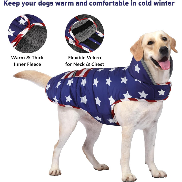 Водонепроникна куртка для собак на зиму з кишенею, світловідбиваюча, регульована, тепла флісова підкладка, розміри M, L, для маленьких, середніх та великих собак, з американським прапором