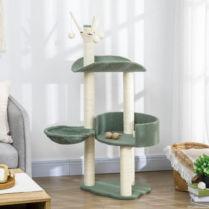 Дерев'яний будиночок для котів PawHut 123H - когтеточка, ліжко, іграшки, сизаль, плюш, кремово-білий+зелений