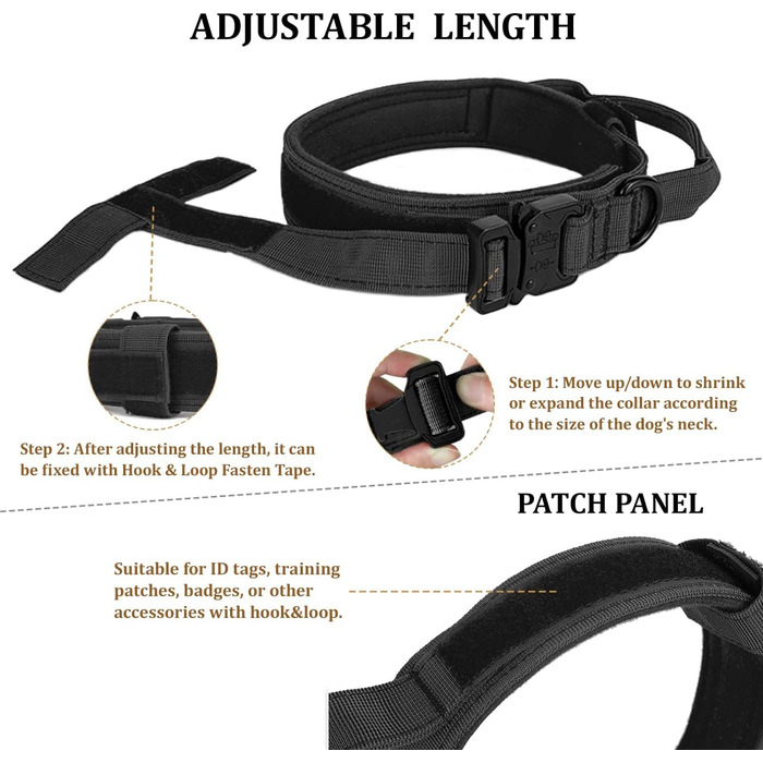 Тактичний нашийник для собак з ручкою та повідок, військовий стиль, м'яка підкладка, нейлон, регульований, для середніх та великих собак, чорний P7-L
