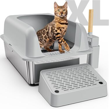 XL лоток для котів з нержавіючої сталі з кришкою, велика металева туалетна коробка для великих котів з високими стінками, захист від розбризкування та протікання