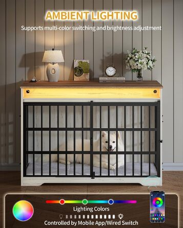 Меблі-клітка для собак Hzuaneri з RGB-підсвіткою та розеткою, вольєр-тумба для собак 119 см, біло-коричнева